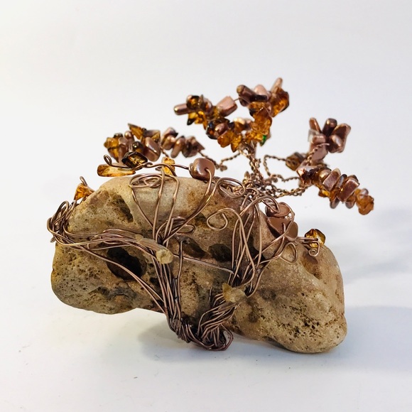 Wire Sculpture Bonsai Tree Amber Stone Chip Iridescent Bronze Beads 5.5" Artisan - Picture 11 of 12